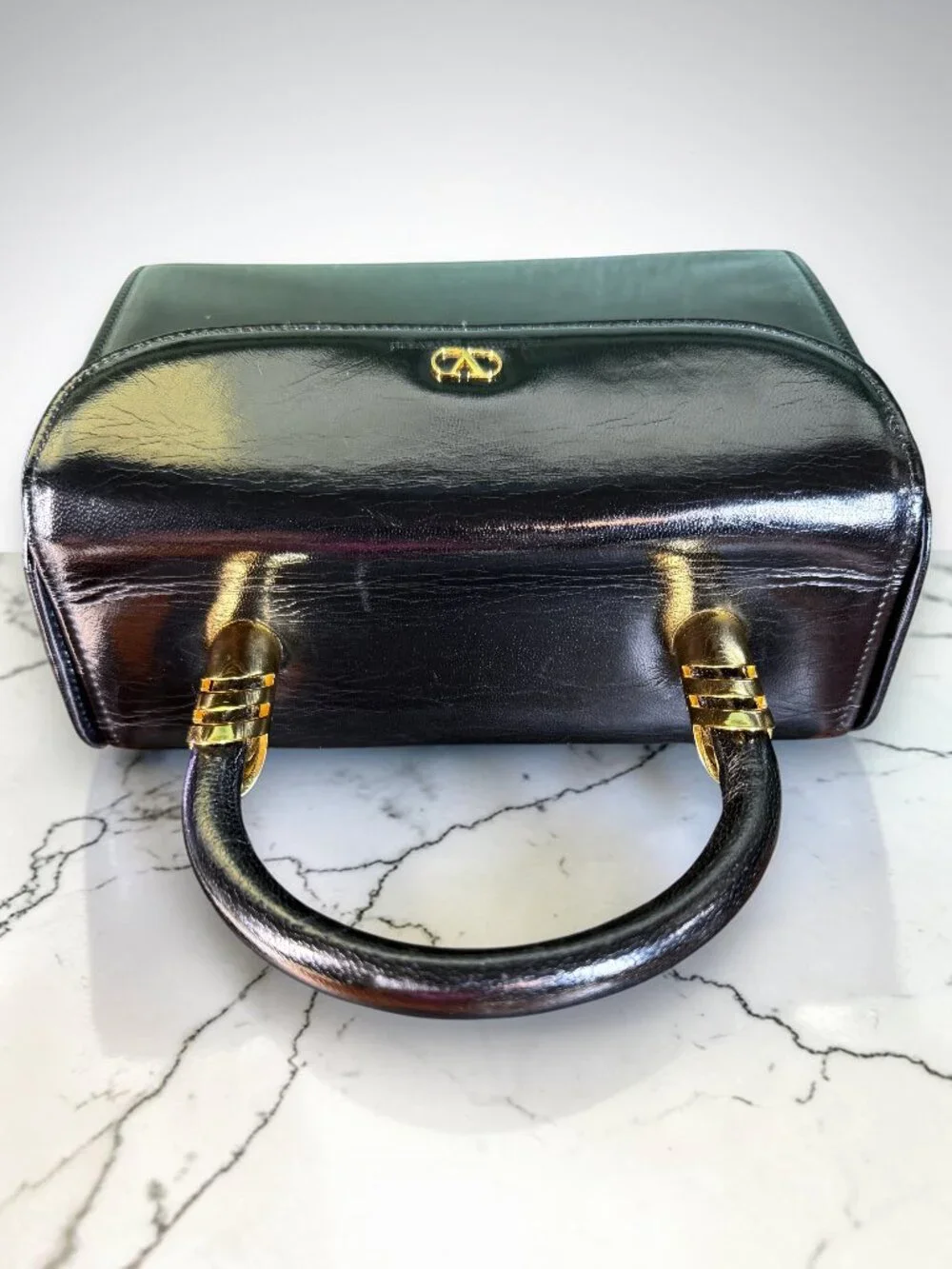 Valentino Garavani Rare Vintage Black Patent Top Handle Satchel Bag with COA